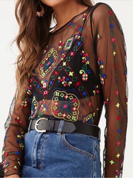 Forever 21 Tops - FOREVER 21 Sheer Embroidered Mesh Top | Black Floral Festival Boho Size S NWT